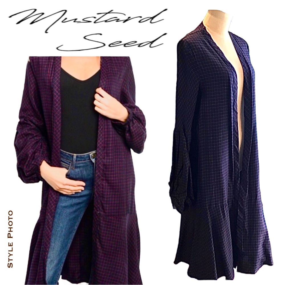 Gigi Peplum Blue Red Mutton Sleeve Duster Long Cardigan (M)